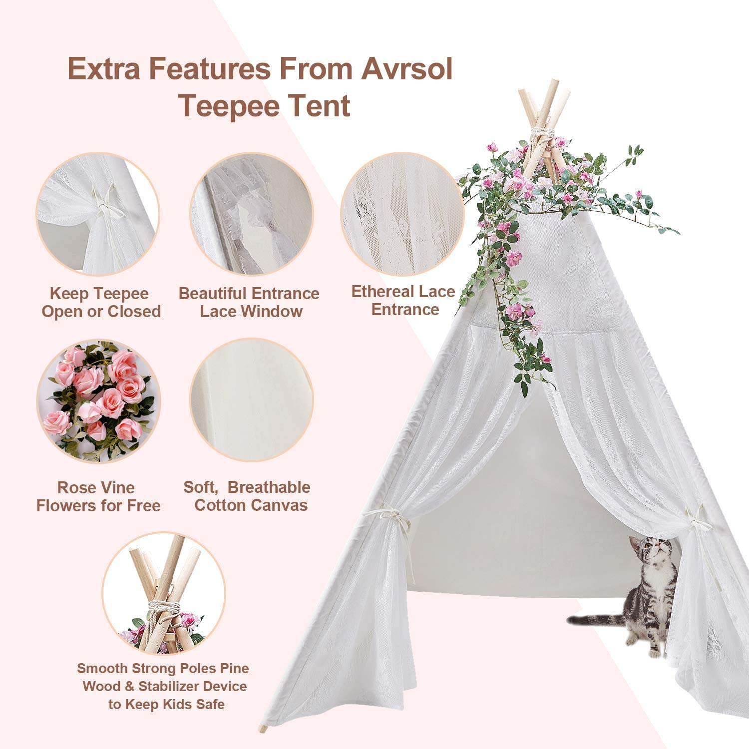 Lace Teepee for Girls, Teepee Tent for Kids Teepee Boho Teepee Tent White Teepee with 6.5Ft Rose Vine Flowers, Kids Room Decor