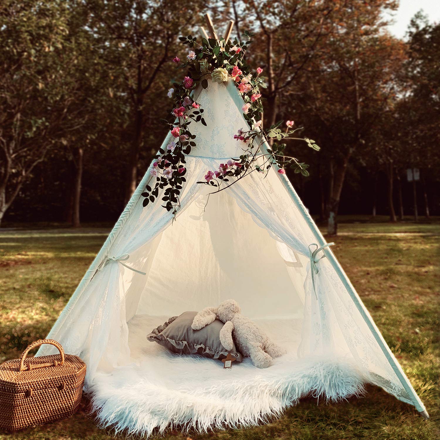 Lace Teepee for Girls, Teepee Tent for Kids Teepee Boho Teepee Tent White Teepee with 6.5Ft Rose Vine Flowers, Kids Room Decor