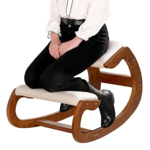 predawn ergonomic kneeling chair,rocking knee chair upright posture chair for home office meditation wooden & linen cushion-office chair for back neck pain relief & improving posture (pecan)