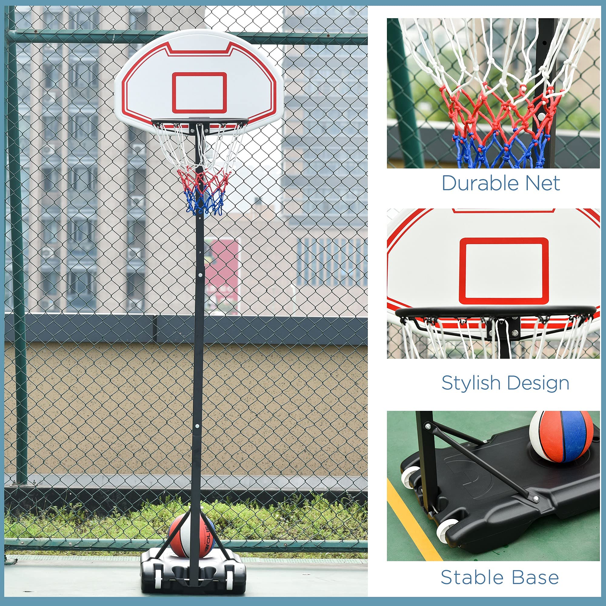 Soozier Portable Basketball Hoop Stand, Height-Adjustable Basketball System with 29'' Backboard and Wheels for Indoor and Outdoor Use, Pure White