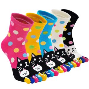 hellomamma women's toe sock cute cat dog ankle sock cotton athletic running five finger socks for girls (5 pairs)