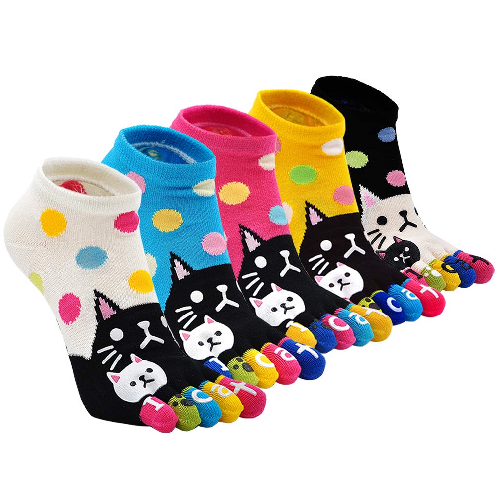 Hellomamma Women's Toe Sock Cute Cat Dog Ankle Sock Cotton Athletic Running Five Finger Socks for Girls (5 Pairs)