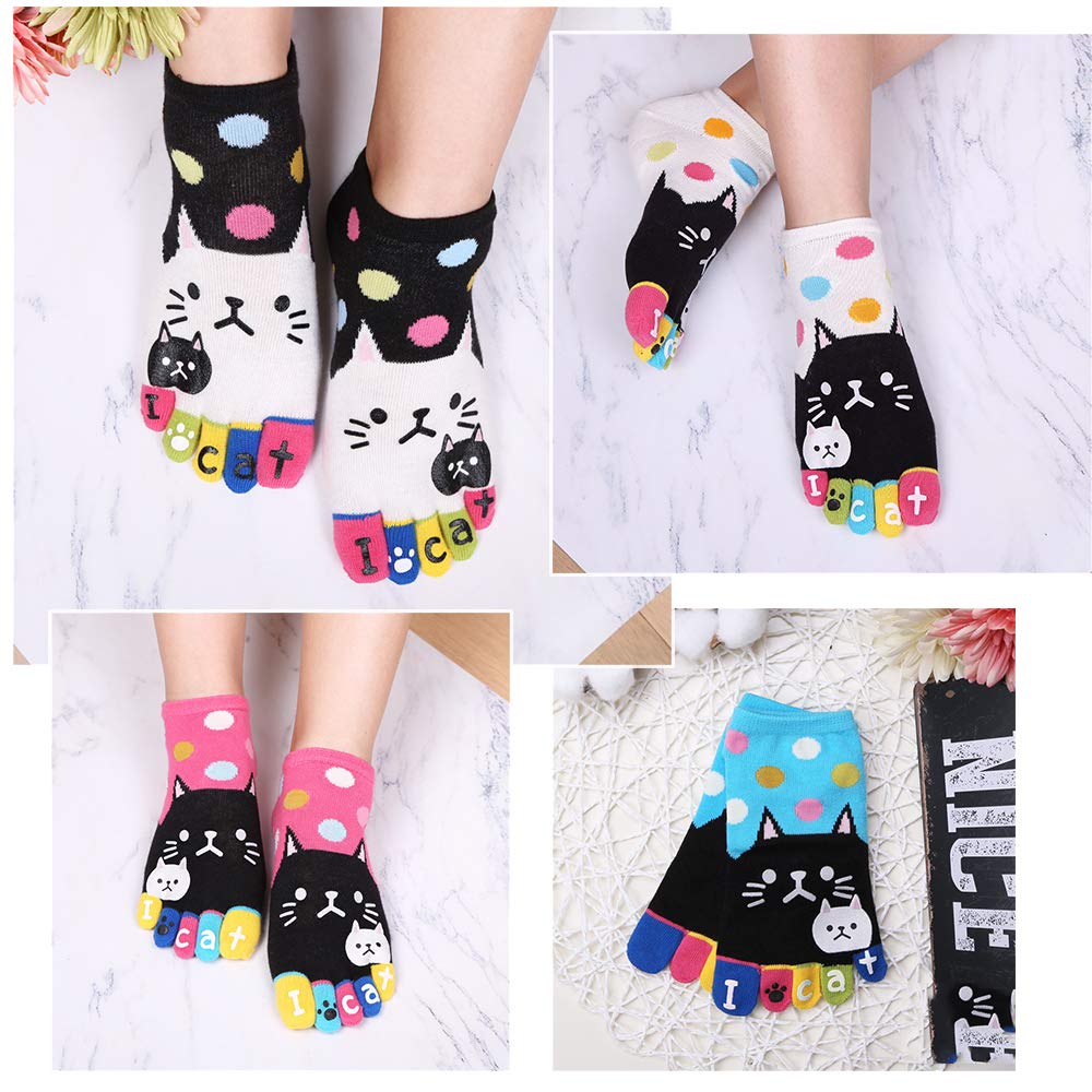 Hellomamma Women's Toe Sock Cute Cat Dog Ankle Sock Cotton Athletic Running Five Finger Socks for Girls (5 Pairs)