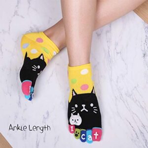 Hellomamma Women's Toe Sock Cute Cat Dog Ankle Sock Cotton Athletic Running Five Finger Socks for Girls (5 Pairs)