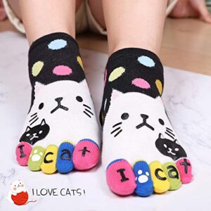 Hellomamma Women's Toe Sock Cute Cat Dog Ankle Sock Cotton Athletic Running Five Finger Socks for Girls (5 Pairs)