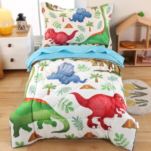wowelife 4 piece dinosaur toddler bedding set toddler bed sheets sets for boys green kids toddler comforter set breathable and soft with comforter, flat sheet, fitted sheet and pillowcase