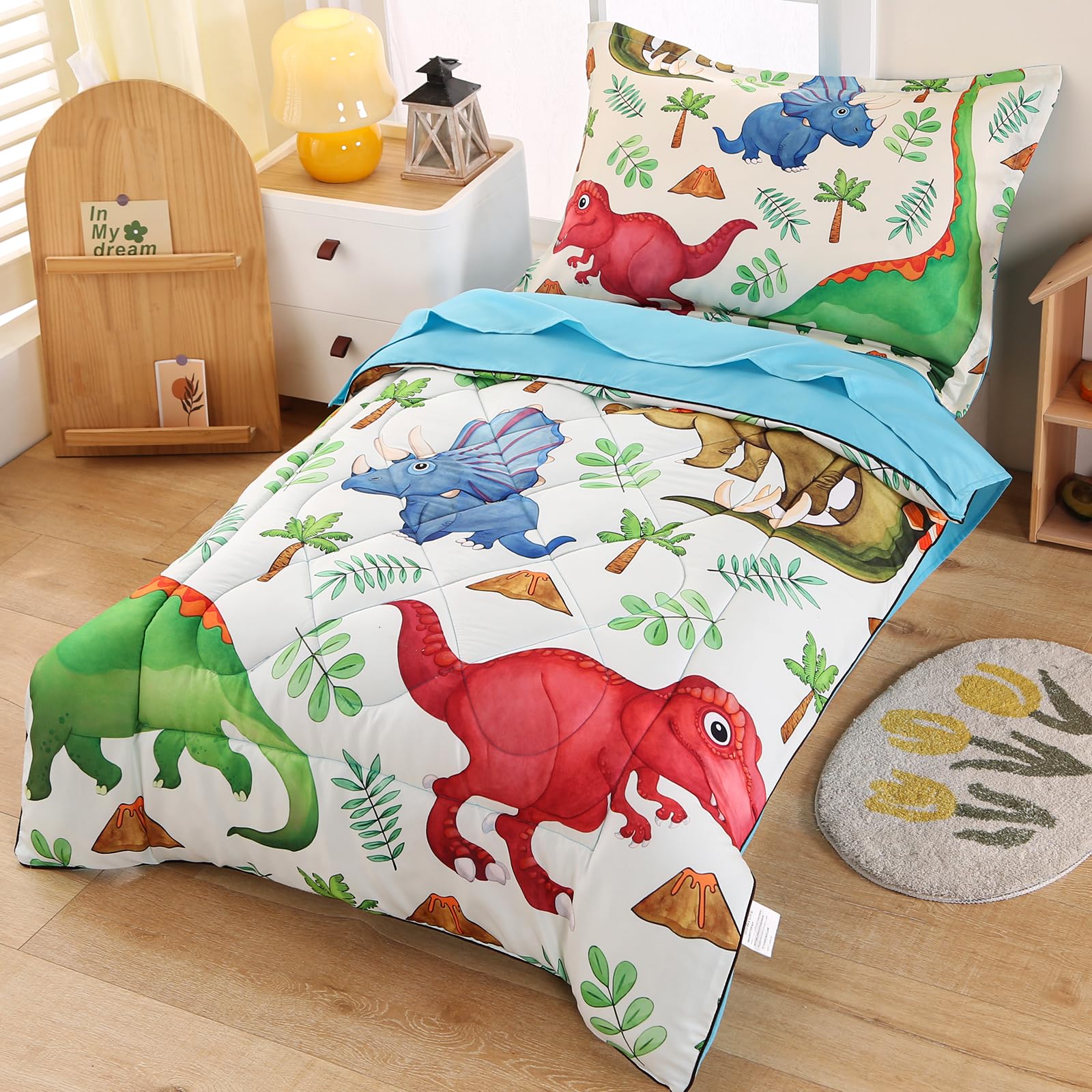 Wowelife 4 Piece Dinosaur Toddler Bedding Set Toddler Bed Sheets Sets for Boys Green Kids Toddler Comforter Set Breathable and Soft with Comforter, Flat Sheet, Fitted Sheet and Pillowcase