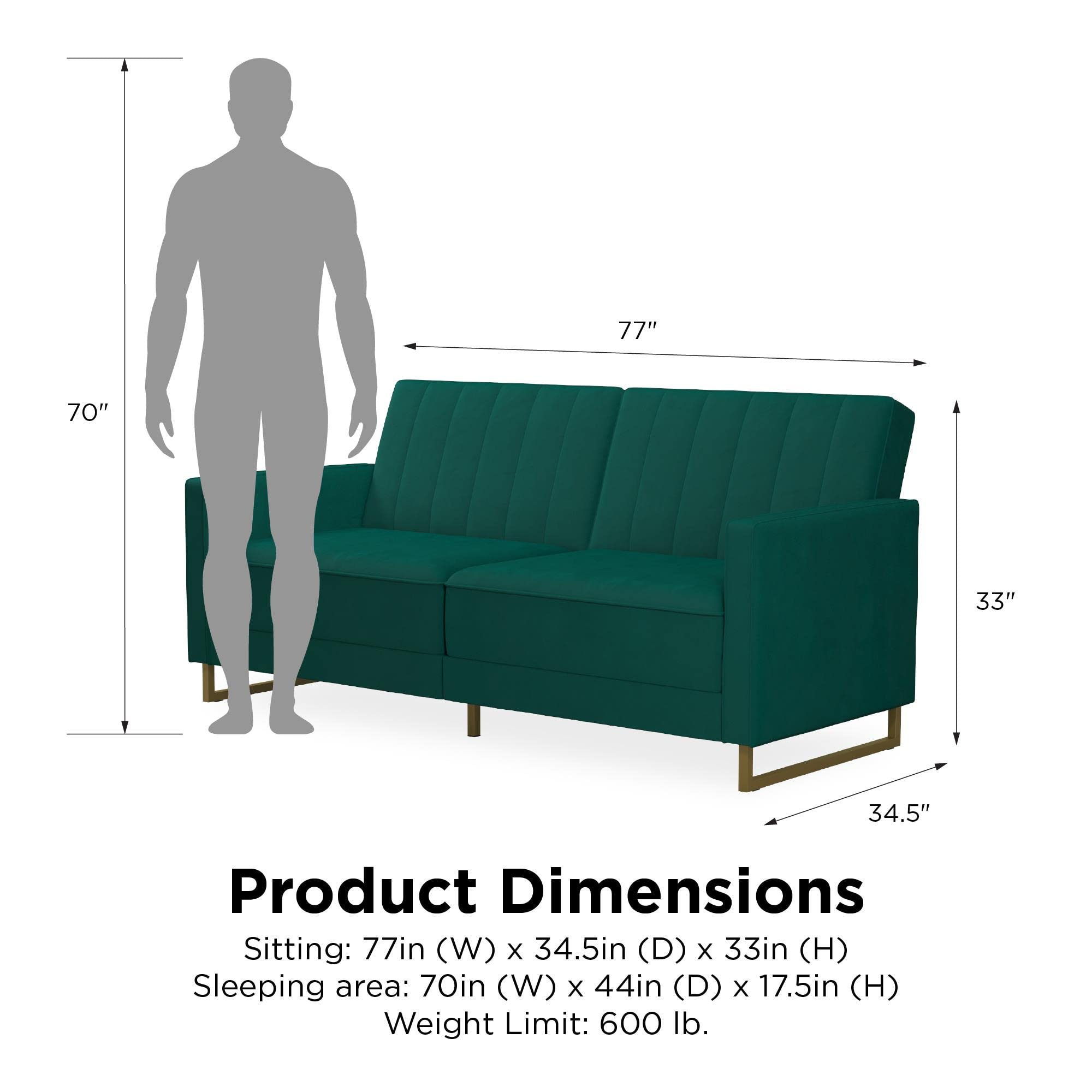 Novogratz Skylar Coil Futon, Modern Sofa Bed and Couch, Green Velvet