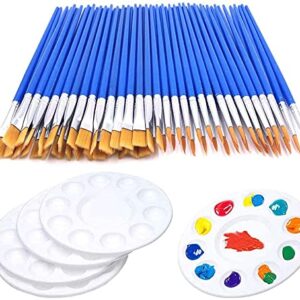 65Pcs Paint Brushes Tray Palettes Set,60pcs Flat Paint Brushes 5 PCS Round Paint Pallets,Small Paint Brushes Bulk Acrylic Oil Watercolor Artist Painting Brushes for Classroom Crafts Party Painting