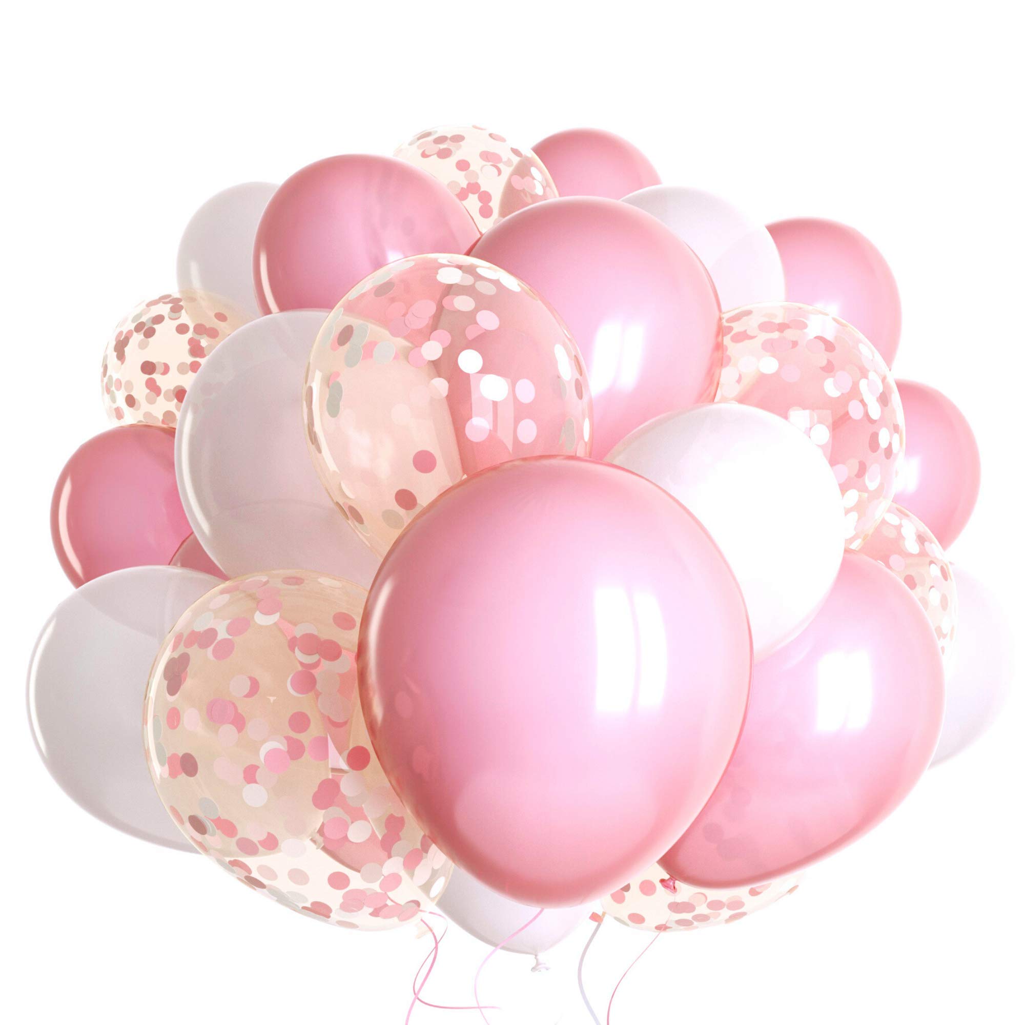 Dandy Decor 60 Pack Pink Balloons + Pink Confetti Balloons + White Balloons w/Ribbon | Light Pink Balloons | Pink Balloon | Pink Latex Balloons | Baby Pink Balloons | Bulk Balloons