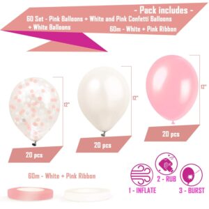 Dandy Decor 60 Pack Pink Balloons + Pink Confetti Balloons + White Balloons w/Ribbon | Light Pink Balloons | Pink Balloon | Pink Latex Balloons | Baby Pink Balloons | Bulk Balloons