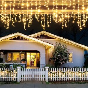 jmexsuss 200 led icicle lights, 8 modes icicle lights indoor, warm white icicle christmas string lights outdoor waterproof for xmas roof wedding party holiday room home decorations