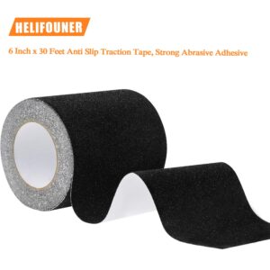 HELIFOUNER 6" × 30 Feet Anti Slip Traction Tape, High Traction Friction Abrasive Adhesive Stairs Step, Grip Tape Grit Non Slip, Outdoor Non Skid Treads, Black