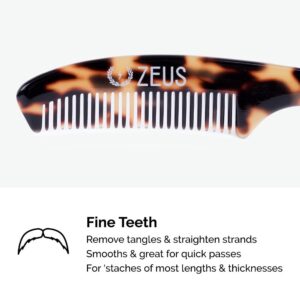 ZEUS Large Mustache Comb, 5" x 0.75", Best Handmade Saw-Cut Moustache Comb with Extended Handle (Tortoiseshell) - P12