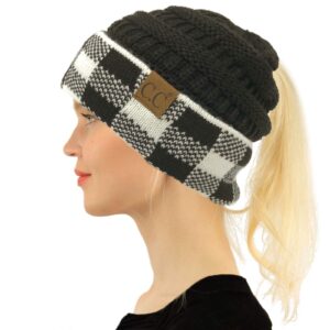 cc ponytail messy bun beanietail soft winter knit stretch beanie hat (buffalo plaid black/white)