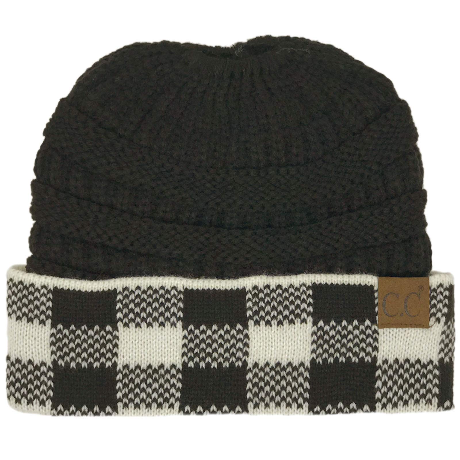 CC Ponytail Messy Bun BeanieTail Soft Winter Knit Stretch Beanie Hat (Buffalo Plaid Black/White)