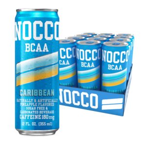 nocco bcaa energy drink caribbean pineapple - 12 fl oz (pack of 12) - 180mg caffeine, sugar free energy drinks - carbonated, low calorie, bcaas, vitamin b6, b12, & biotin - grab & go performance drink