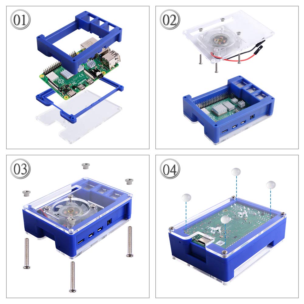 GeeekPi Case for Raspberry Pi 4, Pi 4 Case with Fan 40X40X10mm (Blue Backlight) and 4pcs Aluminum Heatsinks for Raspberry Pi 4 Model B (Blue&Clear)