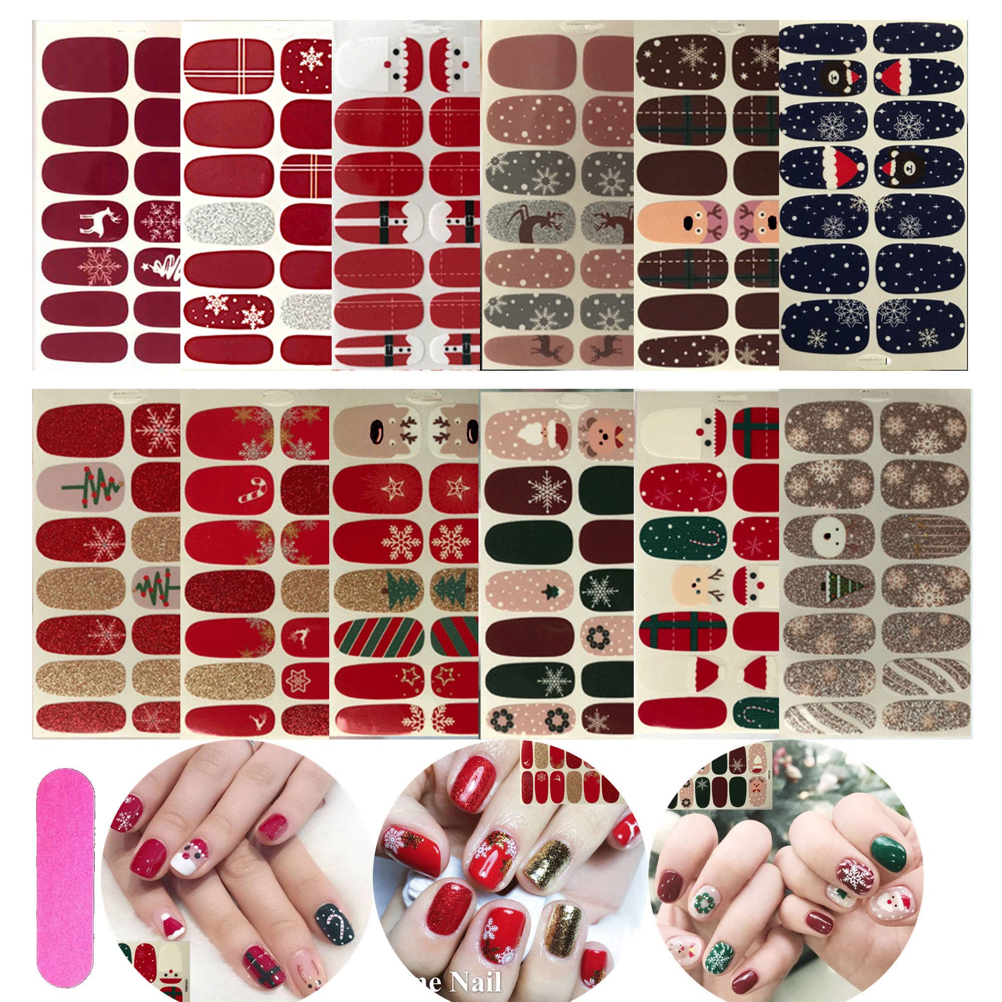 NAIL ANGEL 12pcs Nail Art Full-Cover Sticker Nail Art Wrap Christmas Series Full Cover Sticker Nail Strips for Women Winter Strips 10052