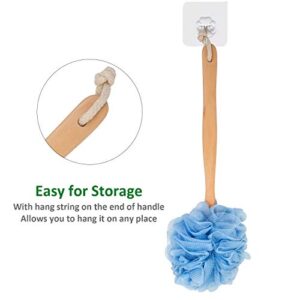 Arswin Loofah Back Scrubber for Shower, Wooden Long Handle Bath Sponge Lufa Shower Brush, Soft Nylon Mesh Back Cleaner Washer, Women & Men Exfoliating Luffa Pouf on a Stick for Body (Blue)