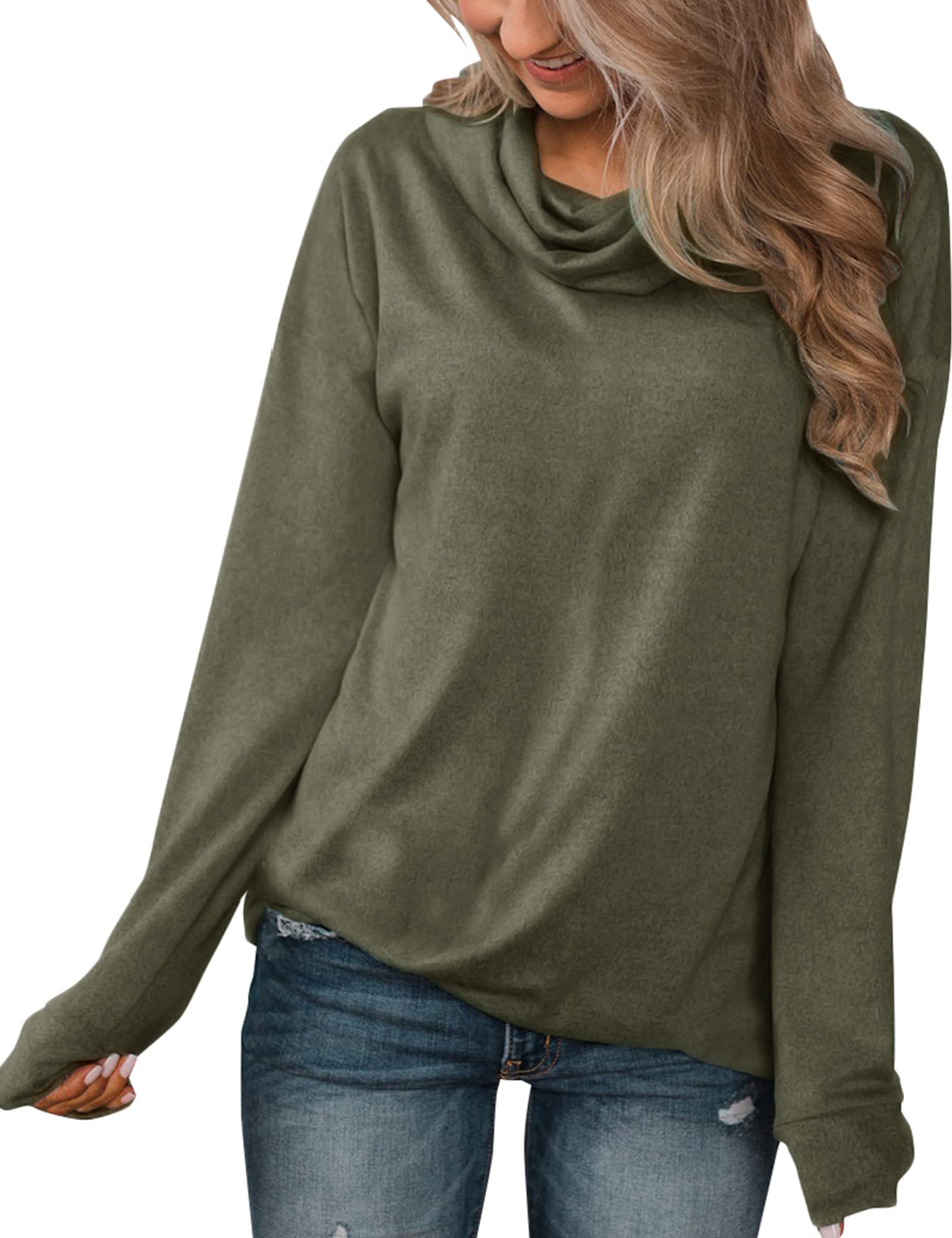 Minthunter Women's Long Sleeve Pullovers Cowl Neck Tunic Shirt Casual Sweatshirt Tops Olive