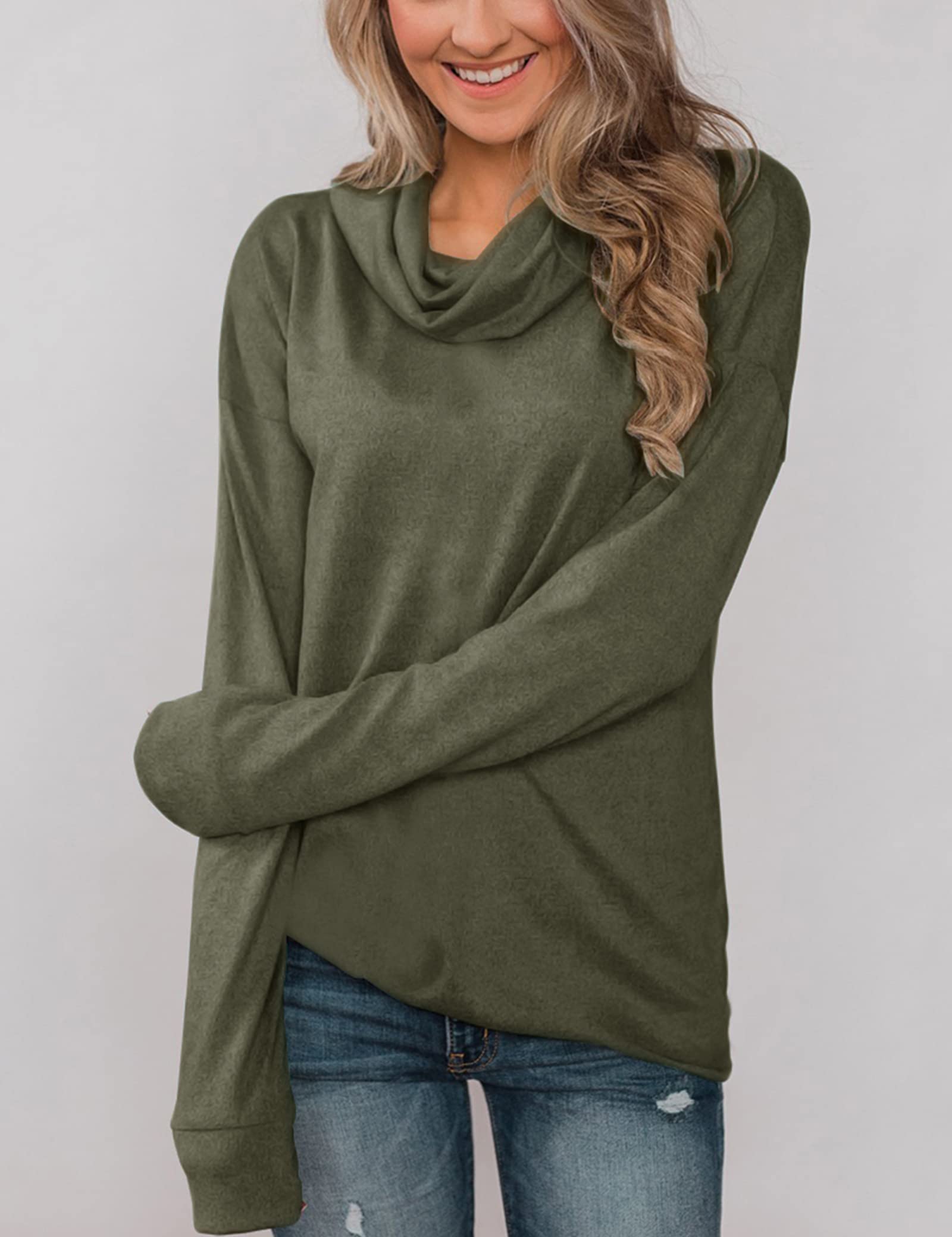 Minthunter Women's Long Sleeve Pullovers Cowl Neck Tunic Shirt Casual Sweatshirt Tops Olive