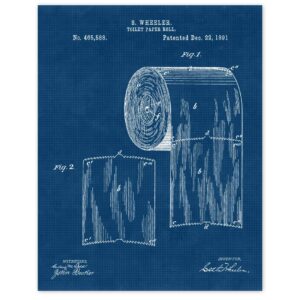 vintage toilet tissue patent prints, 1 (11x14) unframed photos, wall art decor gifts for home office man cave garage shop studio lounge bar diner school college student teacher bathroom whimsical fans