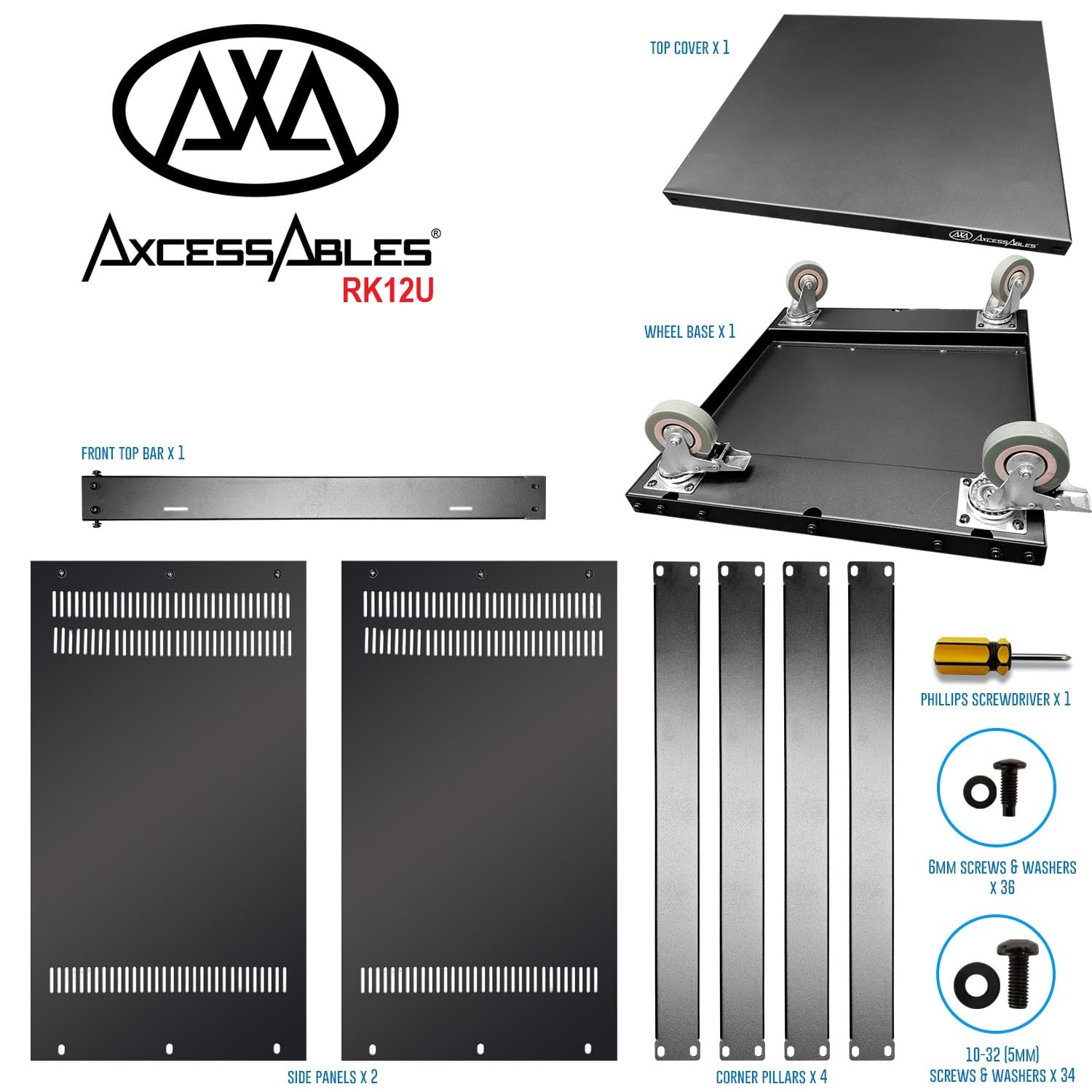 AxcessAbles 12U AV Rack Stand | 12 Space Component Rack Cabinet | Removable Side Panels for Open-Frame | 550lb Capacity Four Post Network Server Case| 19-Inch Rack-mountable Cabinet (RK12U)