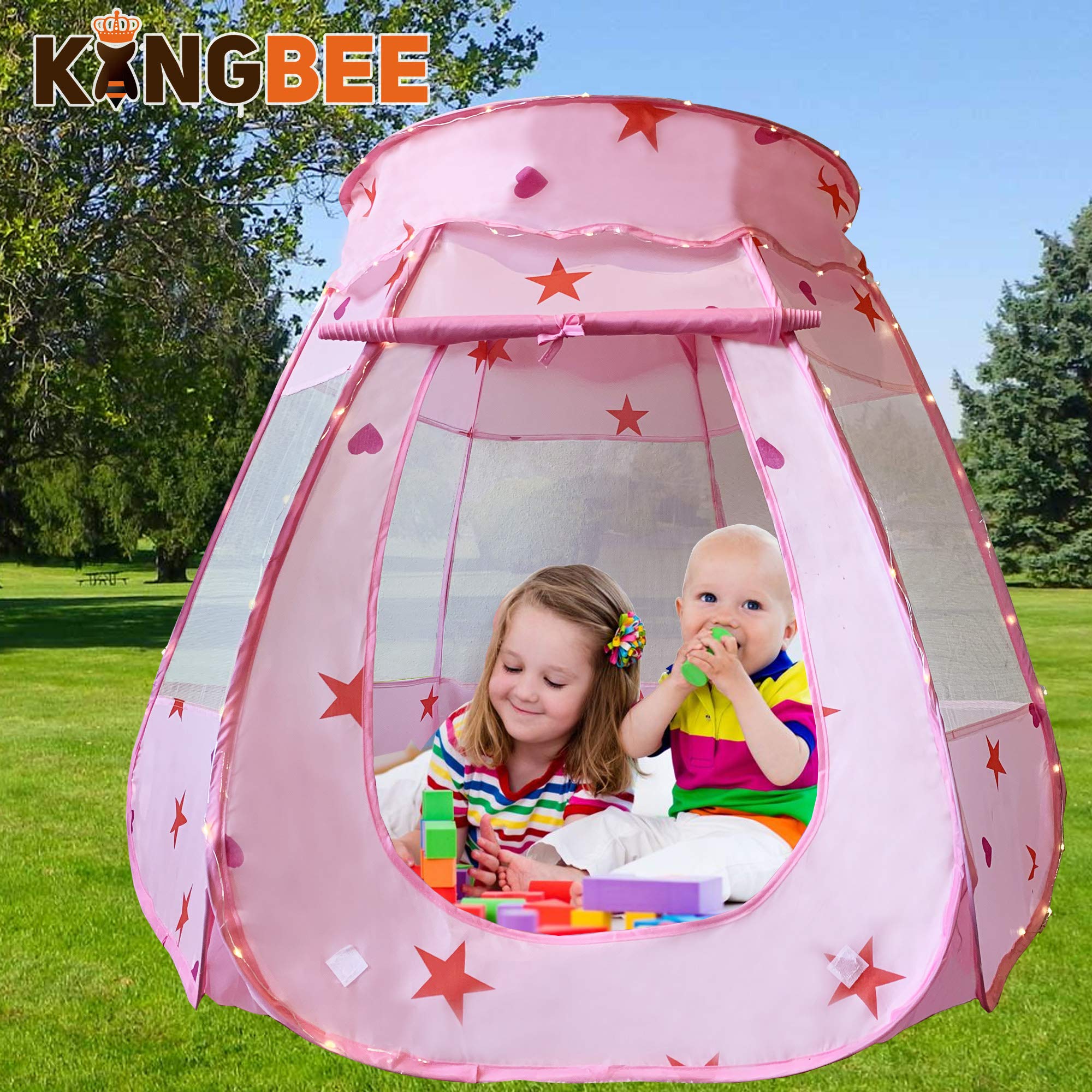 KingBee Pink Princess Pop Up Play Tent Ball Pit with Lights, Toys Gifts for Kids Girls Boys 3 4 5 6 Year Old, Baby and Toddler Will Love It. Easy Pop Up No Assembly Required, Indoor Outdoor Use (Pink)