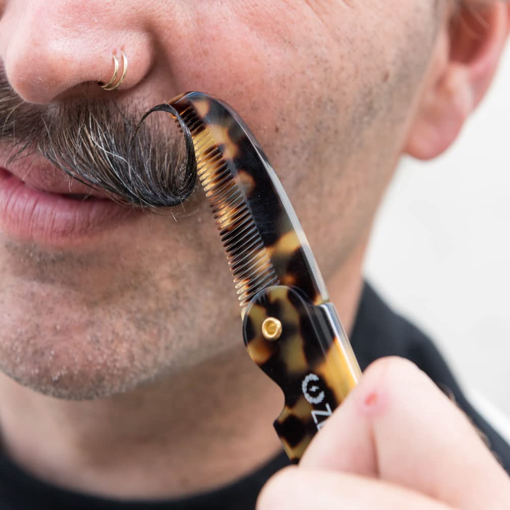 ZEUS Folding Mustache Comb, Handmade Saw-Cut Best Moustache Pocket Comb - (Tortoiseshell) - K12