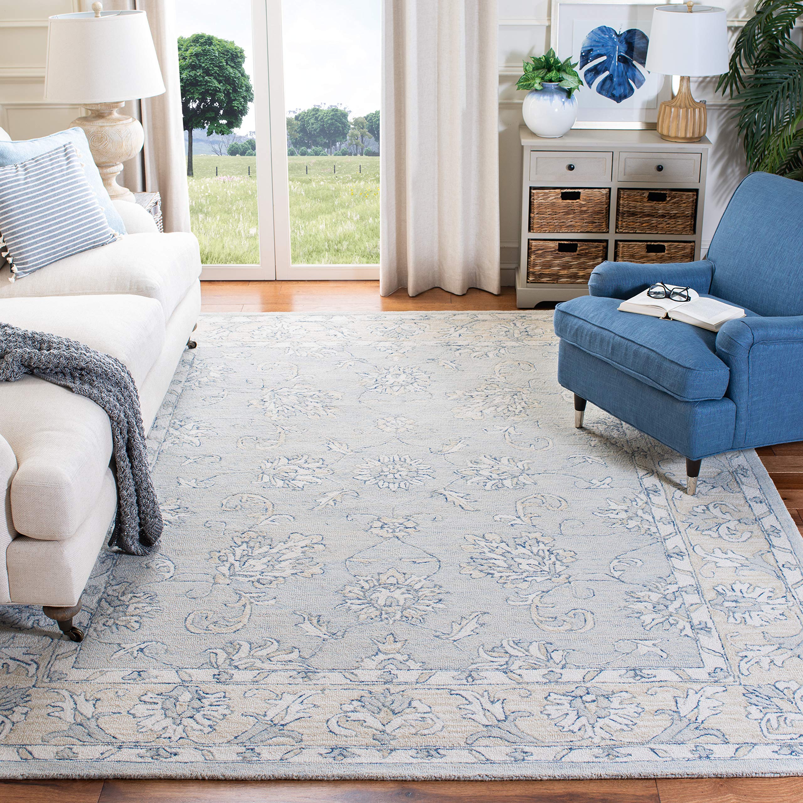 SAFAVIEH Micro-Loop Collection Area Rug - 5' x 8', Blue & Beige, Handmade Wool, Ideal for High Traffic Areas in Living Room, Bedroom (MLP535M)