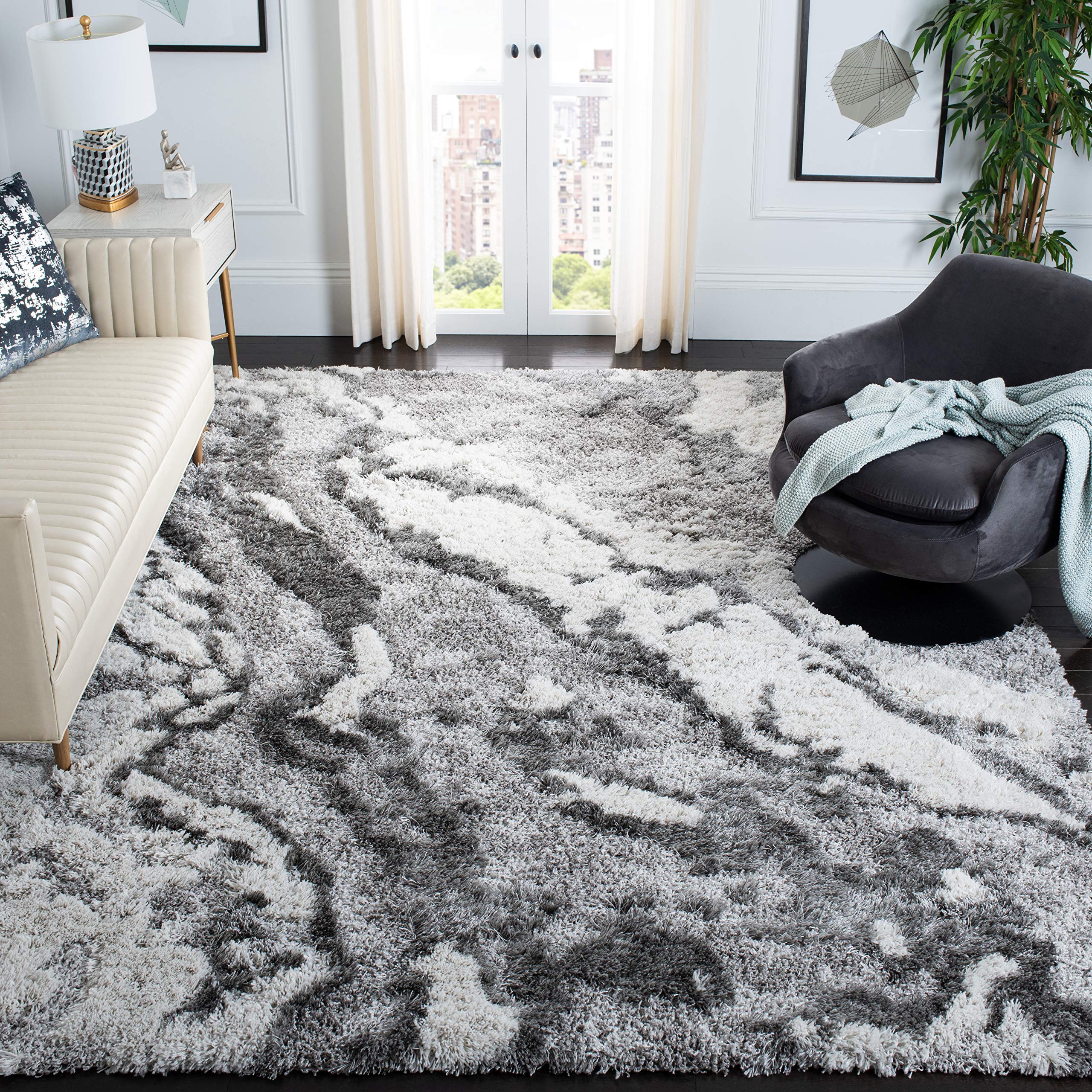 SAFAVIEH Horizon Shag Collection Area Rug - 9' x 12', Grey & Ivory, Modern Abstract Design, Non-Shedding & Easy Care, 2-inch Thick Ideal for High Traffic Areas in Living Room, Bedroom (HZN890F)