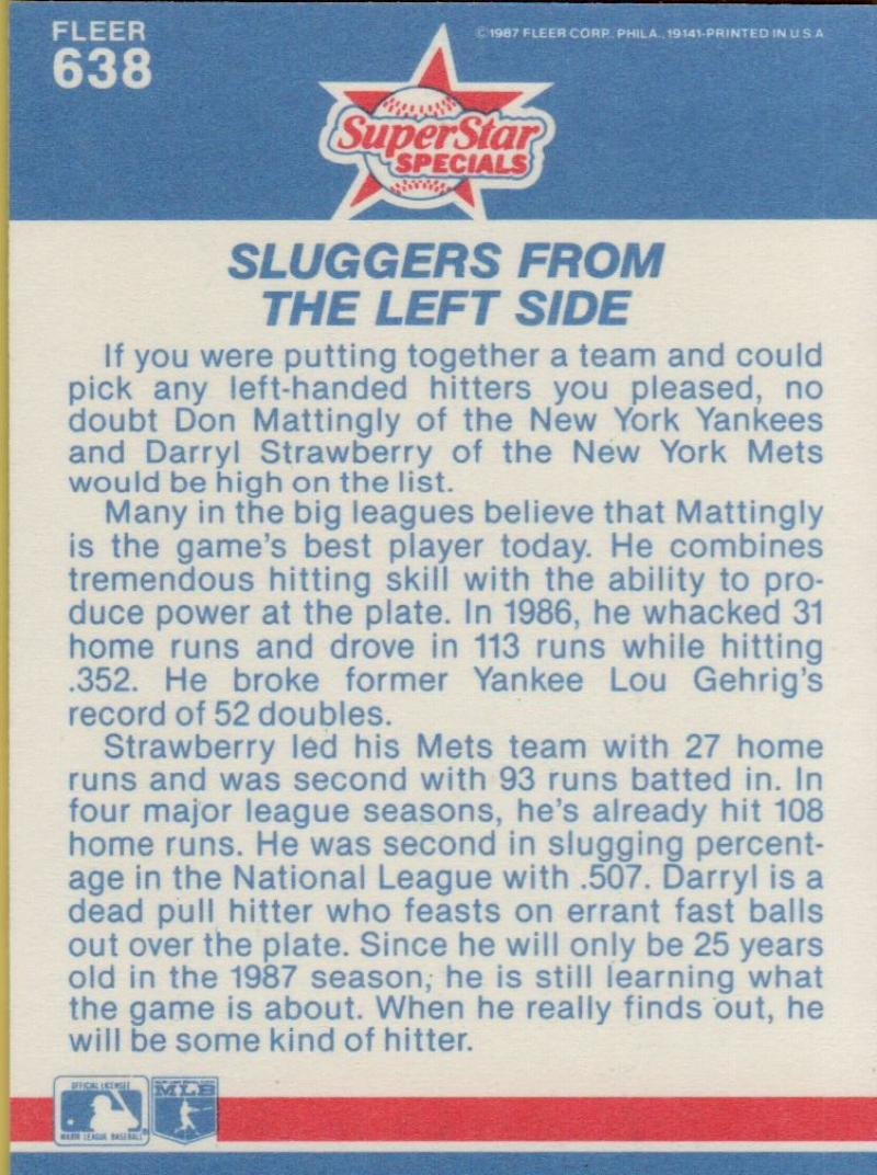 1987 Fleer #638 Don Mattingly/Darryl Strawberry New York Yankees/New York Mets Sluggers from the Left Side MLB Baseball Card NM-MT