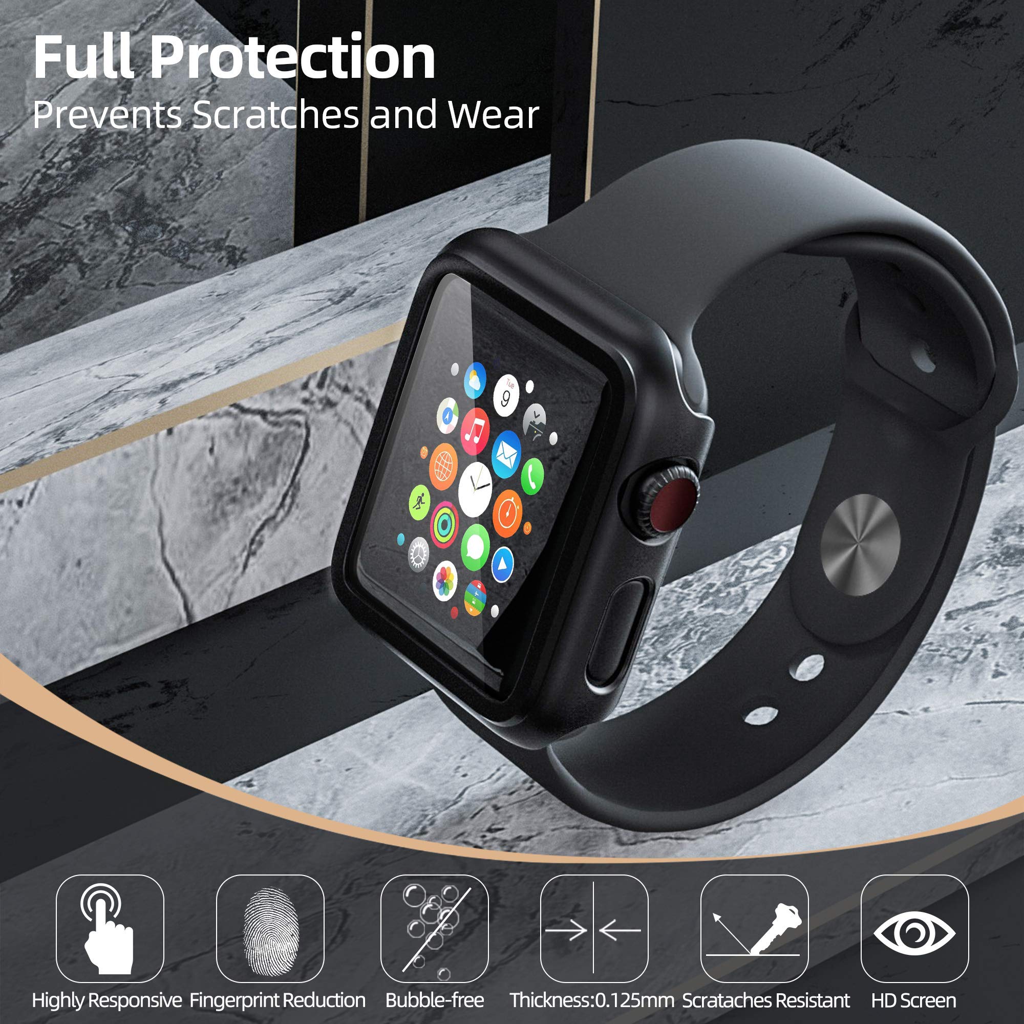 PZOZ Compatible for Apple Watch Series 3 / Series 2 Case with Screen Protector 38mm Accessories Slim Guard Thin Bumper Full Coverage Matte Hard Cover Defense Edge for iWatch Women Men GPS (Black)