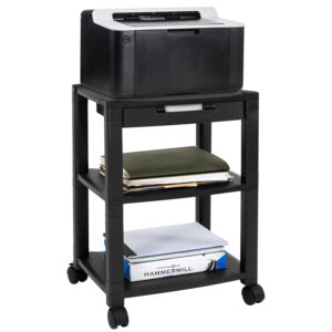 mount-it! mobile printer stand with drawer | height adjustable printer cart with 4 swivel wheels and cable management | rolling printer stand with storage, 3 tier (black)