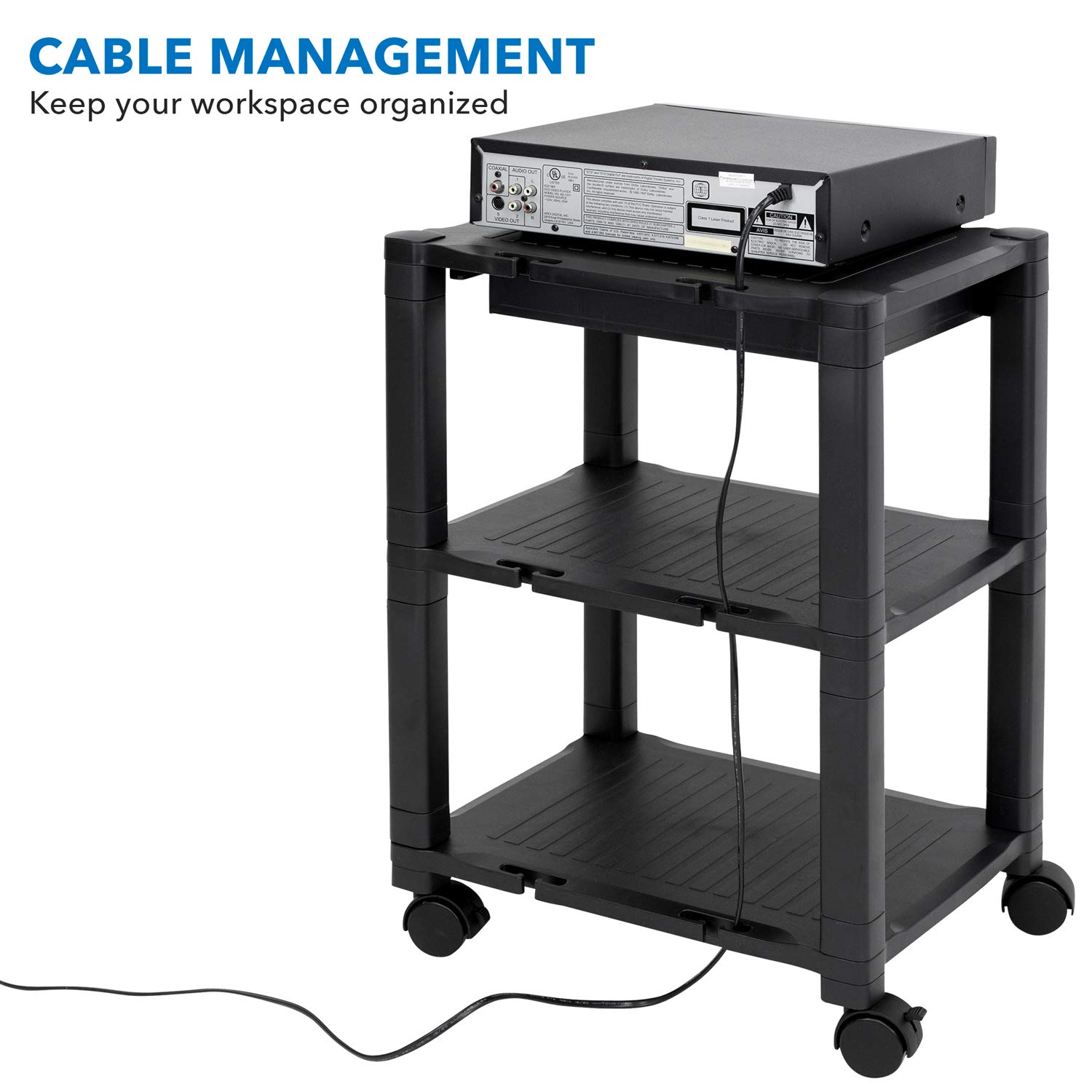 MOUNT-IT! Mobile Printer Stand with Drawer | Height Adjustable Printer Cart with 4 Swivel Wheels and Cable Management | Rolling Printer Stand with Storage, 3 Tier (Black)