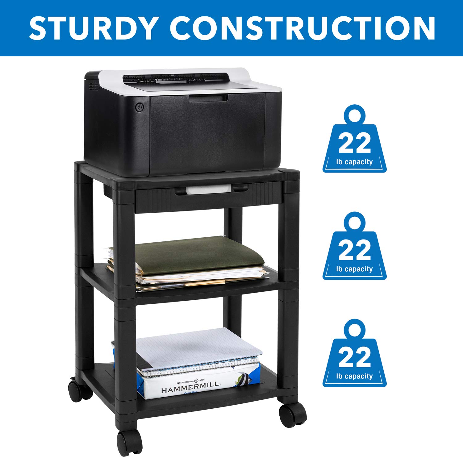 MOUNT-IT! Mobile Printer Stand with Drawer | Height Adjustable Printer Cart with 4 Swivel Wheels and Cable Management | Rolling Printer Stand with Storage, 3 Tier (Black)