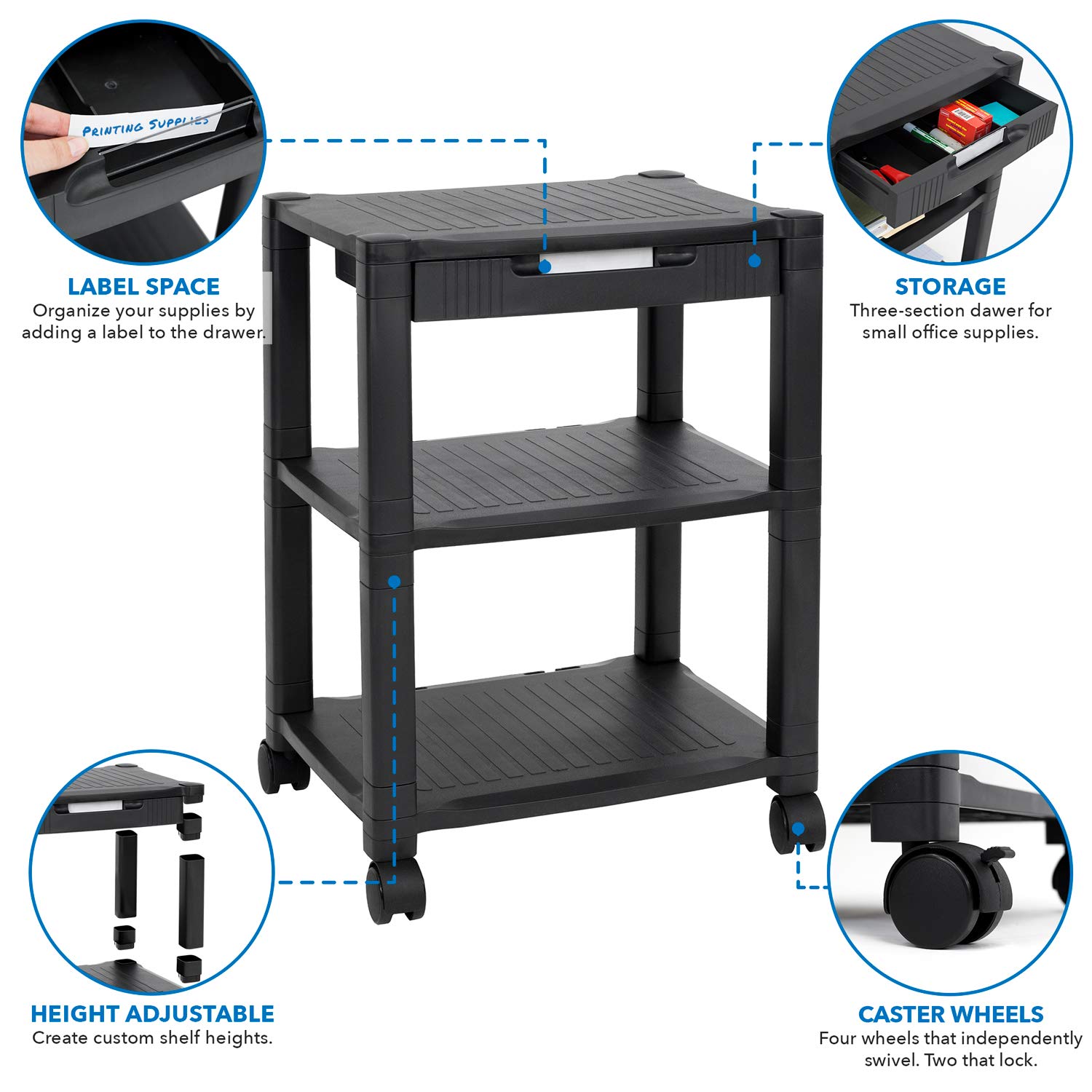 MOUNT-IT! Mobile Printer Stand with Drawer | Height Adjustable Printer Cart with 4 Swivel Wheels and Cable Management | Rolling Printer Stand with Storage, 3 Tier (Black)