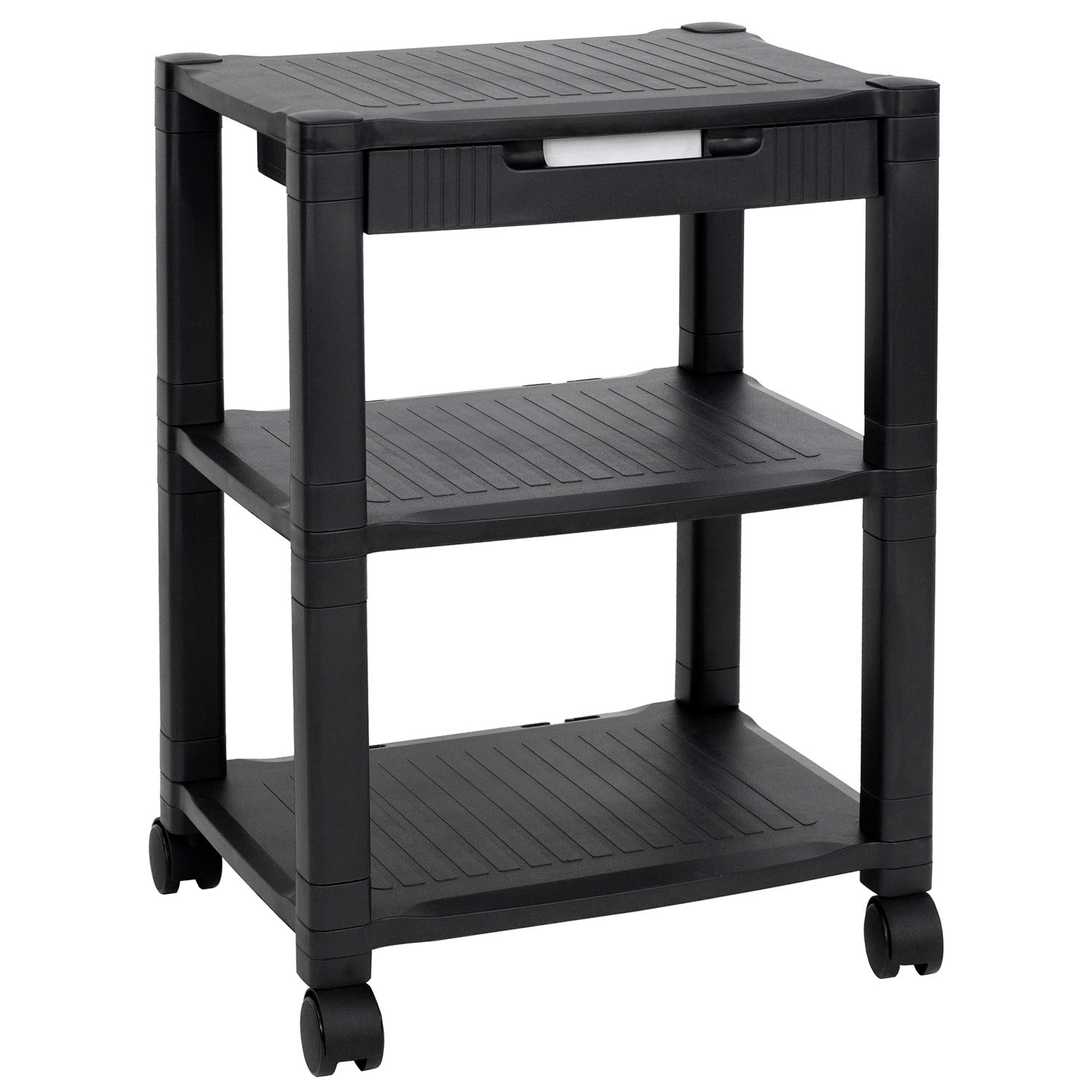 MOUNT-IT! Mobile Printer Stand with Drawer | Height Adjustable Printer Cart with 4 Swivel Wheels and Cable Management | Rolling Printer Stand with Storage, 3 Tier (Black)