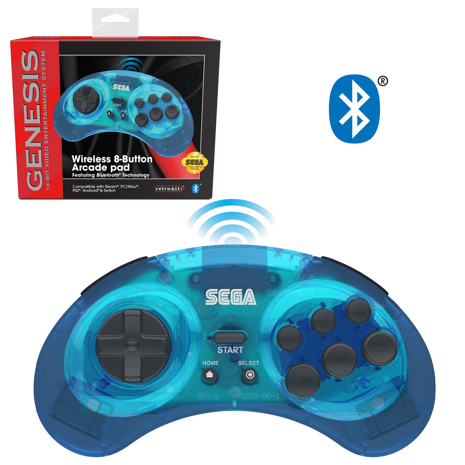 Retro-Bit Official Sega Genesis Bluetooth Controller 8-Button Arcade Pad for Nintendo Switch, Android, PC, Mac, Steam (Clear Blue)