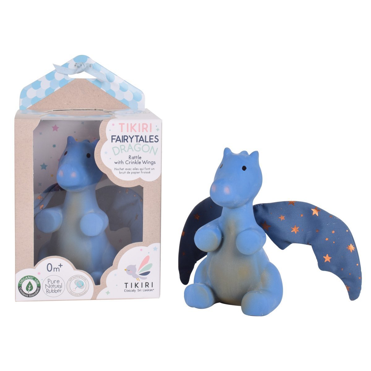 Tikiri Fairytales Midnight Dragon Natural Rubber Rattle with Crinkle Wings (Royal Blue)