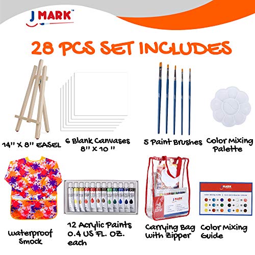 J MARK Ultimate Kids Paint Set – Complete Acrylic Paint Set for Kids, Includes Washable Paints, Storage Bag, Wood Easel, Canvas and More