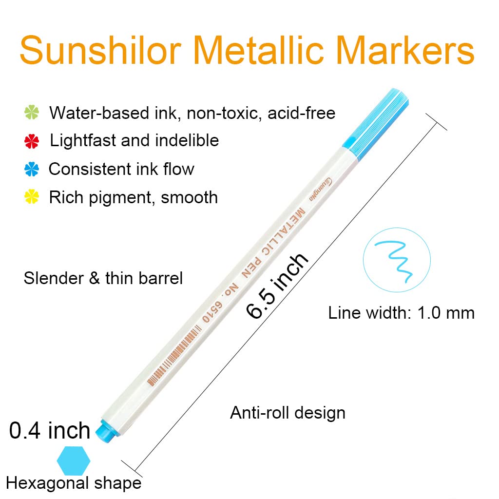 Sunshilor Metallic Markers Fine Point Metallic Marker Pens for Black Paper, Rock Painting, Easter Egg, Halloween Pumpkin, Card Making, Metal, Ceramic, Wine Glass, Set of 15