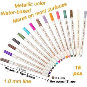 Sunshilor Metallic Markers Fine Point Metallic Marker Pens for Black Paper, Rock Painting, Easter Egg, Halloween Pumpkin, Card Making, Metal, Ceramic, Wine Glass, Set of 15