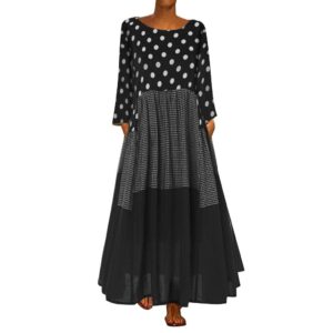 iqka vestido womens plus size vintage bohe wave point print loose long dress long sleeve o-neck maxi dress m-5xl black
