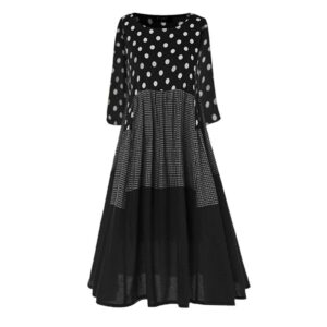 iQKA Vestido Womens Plus Size Vintage Bohe Wave Point Print Loose Long Dress Long Sleeve O-Neck Maxi Dress M-5XL Black