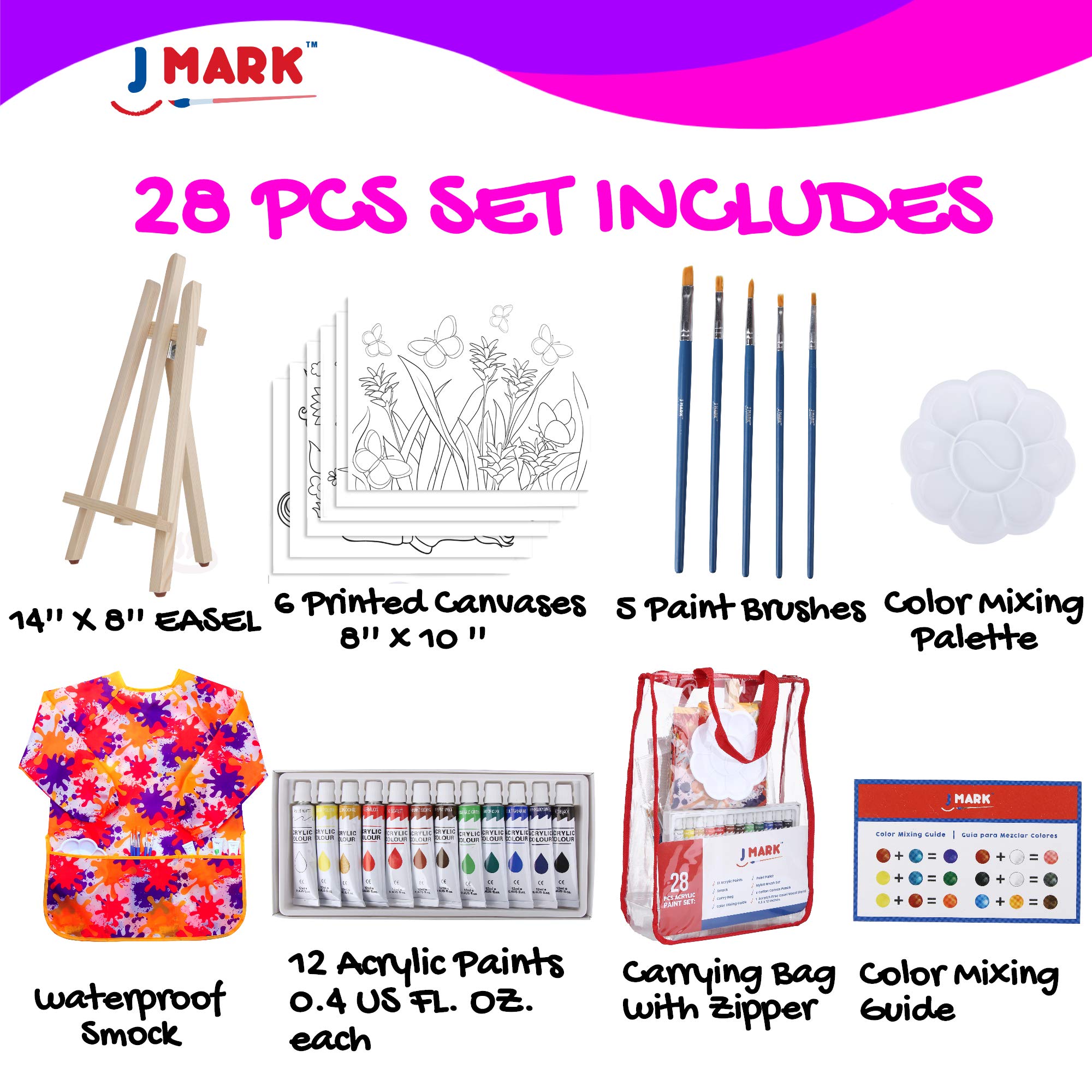 J MARK Pain Set for Kids – Acrylic Kids Painting Kit with Storage Bag, Washable Paints, Easel, Canvases, Brushes and More, Complete Kids Painting Set