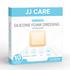 jj care silicone foam dressing 6x6 [pack of 10], silicone bandages for wounds, waterproof wound dressing with silicone adhesive border, absorbent bed sore bandages for wound care