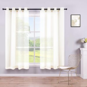 ivory sheer curtains 45 inch length for small windows treatment set of 2 pack grommet linen look semi voile short off white curtains for bathroom bedroom loft kitchen light cream ecru wide 52x45 long