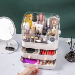 Haturi Makeup Organizer, Waterproof&Dustproof Cosmetic Organizer Box with Lid Fully Open Makeup Display Boxes, Skincare Organizers Makeup Caddy Holder for Bathroom, Dresser, Countertop Bedroom-White